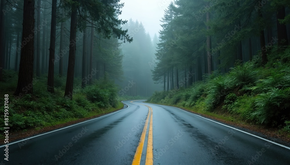 Obraz premium Wet asphalt road winds through dense green forest with tall trees and fog. Serene, misty atmosphere suggests a quiet journey or solitary travel.