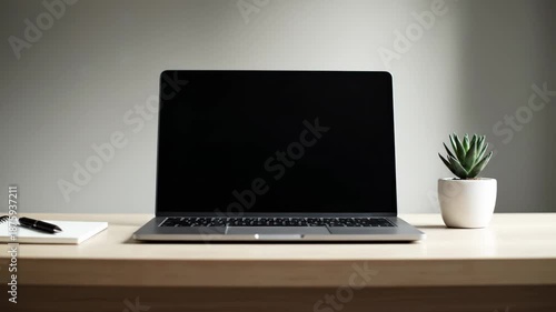Clean and organized home office setup featuring a laptop with a blank screen, perfect for overlays or text.