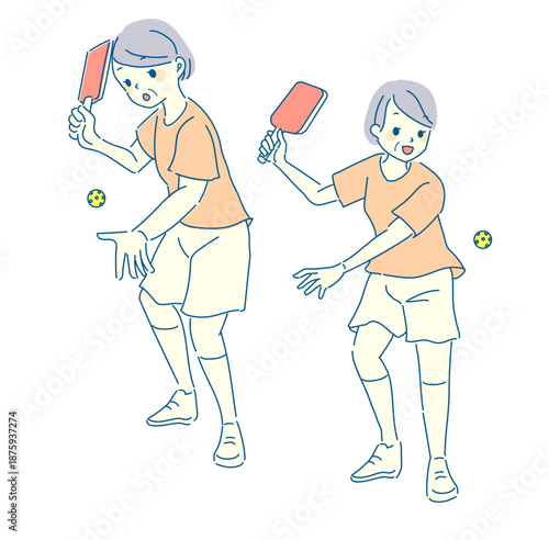 ピックルボールを楽しむ老人女性のイラストセット