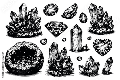 Hand drawn line art crystal and gemstone set featuring clusters, faceted gems, and a geode for spiritual and scientific designs