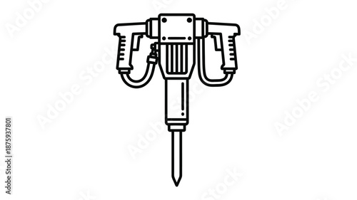 Detailed illustration of a pneumatic demolition hammer tool in a simple black and white style