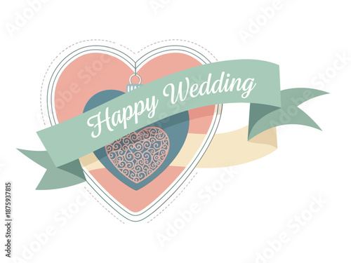 Beautifully designed vintage-inspired heart emblem featuring a delicate banner proclaiming 'Happy Wedding,' ideal for romantic occasions and joyous announcements for couples
