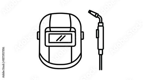 A simple line drawing depicts a welding helmet and attached welding hood for protection