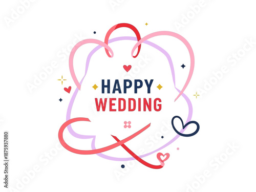 Elegant Happy Wedding vector illustration featuring artistic flowing lines and intertwined hearts, perfect for celebrating love, joyous unions, and heartfelt special occasion designs