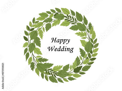 Beautiful Green Leafy Wreath with "Happy Wedding" Text - Ideal for Invitations and Decorations