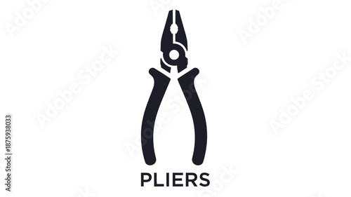 Simple black silhouette illustration of a pair of pliers with the word pliers below