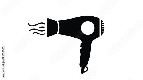 A simple black and white silhouette illustration of a hair dryer with air flow