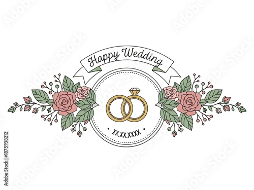 Elegant wedding rings centerpiece with floral embellishments and banner reading 'Happy Wedding'