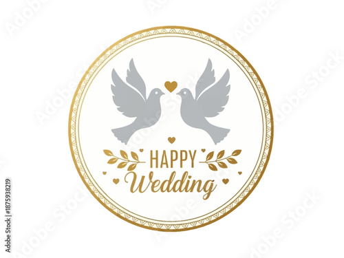 Golden Circle Emblem Featuring Two Silhouettes of Doves and Hearts with "Happy Wedding" Text, Indicating Celebration and Union