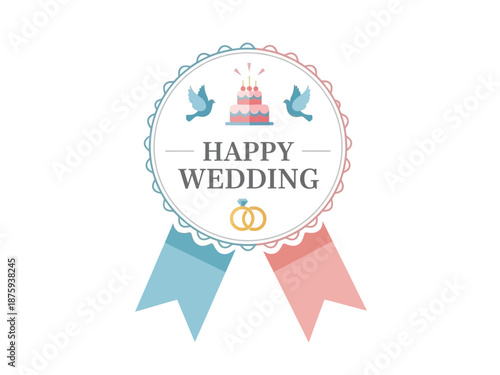 Elegant circular badge with 'Happy Wedding' text, two doves, and wedding rings, perfect for invitations and decorations
