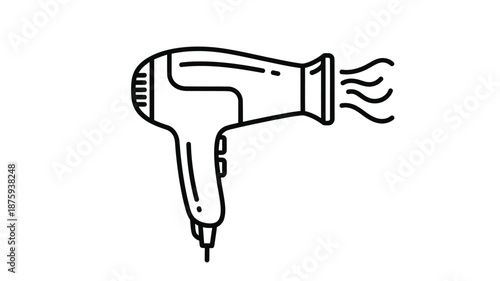 Simple black and white line drawing of a hair dryer with hot air blowing