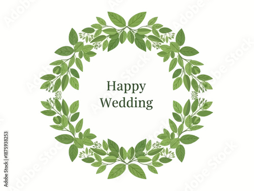 Beautiful green leaf wreath with 'Happy Wedding' text in the center, perfect for invitations and decorations