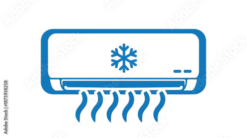 A simple blue icon depicting a wall mounted air conditioning unit with cooling airflow