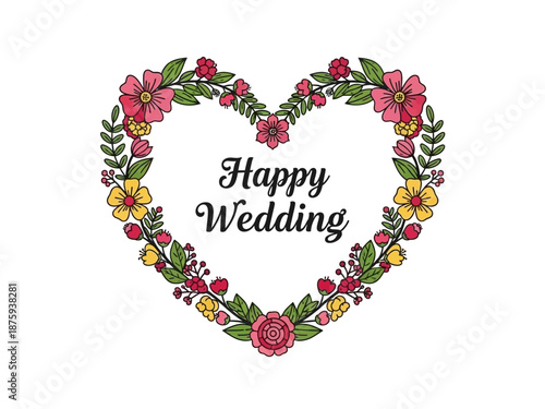 Happy Wedding floral heart wreath with text inside, a beautiful symbol for wedding invitations, greeting cards, and celebrations