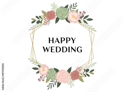 Elegant floral wreath with the words "Happy Wedding" in the center, perfect for wedding invitations and celebrations