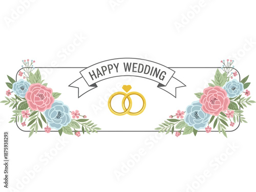 Happy Wedding Banner With Flowers And Rings