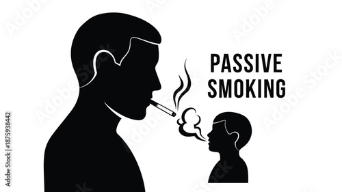 Silhouette of a smoker exhaling smoke near a child illustrating the dangers of passive smoking