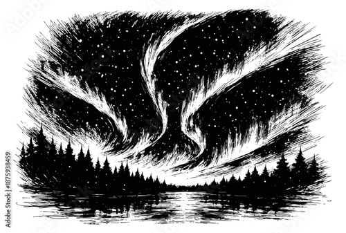 Hand drawn illustration of northern lights over a forest lake depicting a starry night sky and its reflection for an enchanting natural landscape