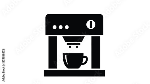 Simple black and white illustration of a coffee maker with a cup underneath