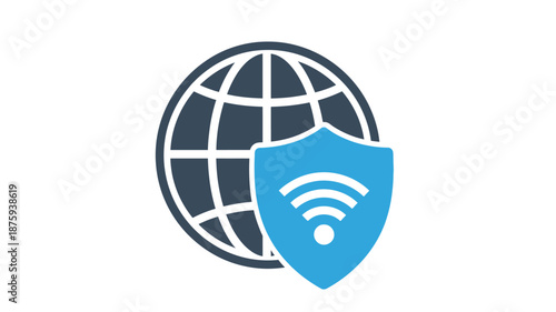 Global network security with a shield icon representing data protection and wireless connectivity
