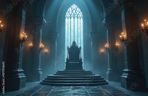 Dark throne sits on raised steps in grand hall. Tall arched window with gothic tracery illuminates room with candles lit on walls. Stone pillars line hall.