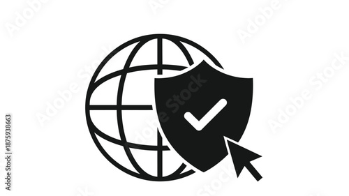 Global security concept a shield protecting the world with a checkmark and cursor