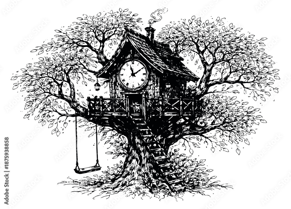 Fototapeta premium Hand drawn line art illustration of a whimsical treehouse depicting a clock and swing for children's fantasy themes