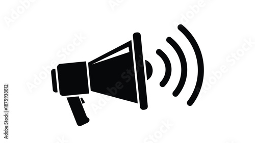 A simple black and white illustration depicting a vintage megaphone with sound waves