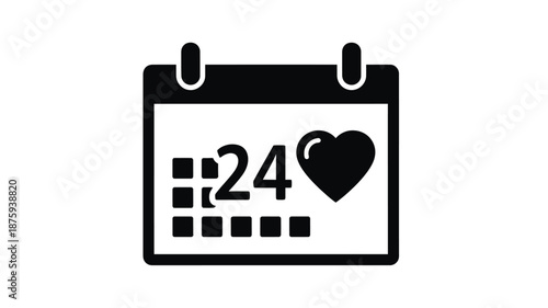 Black and white calendar icon displaying the twenty fourth day with a heart symbol