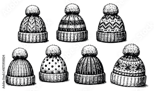 Hand drawn line art winter hats set featuring various knitted patterns and pompoms for winter fashion