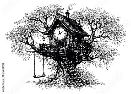 Hand drawn line art illustration of a whimsical treehouse depicting a clock and swing for children's fantasy themes
