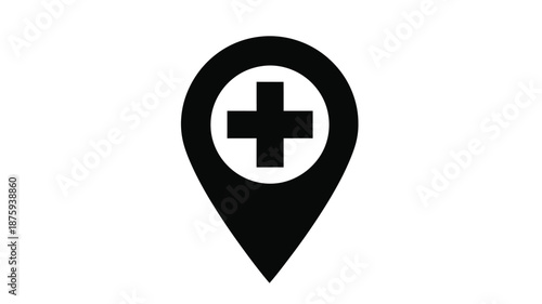 Black medical location pin icon with a white background and a plus sign inside