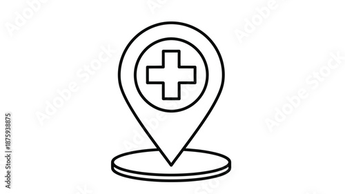 Simple black and white line drawing of medical location pin icon with a plus sign