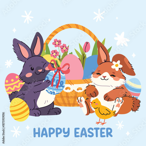 Cute greeting card with Easter rabbits. Happy and funny bunnies with Easter egg, carrot, flowers.  Spring collection of animals and decorations. For poster, card, scrapbooking , stickers