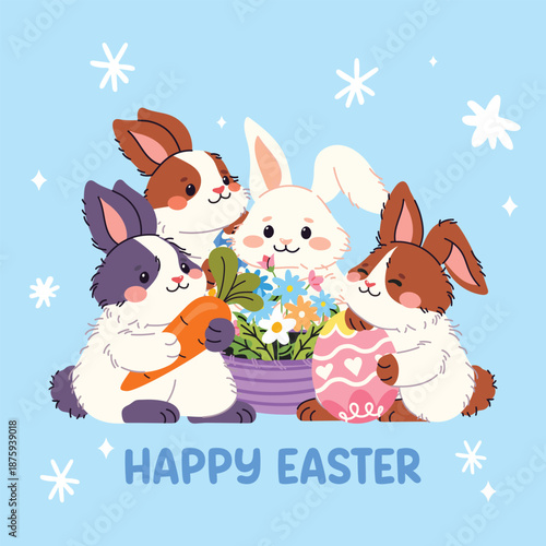 Cute greeting card with Easter rabbits. Happy and funny bunnies with Easter egg, carrot, flowers.  Spring collection of animals and decorations. For poster, card, scrapbooking , stickers