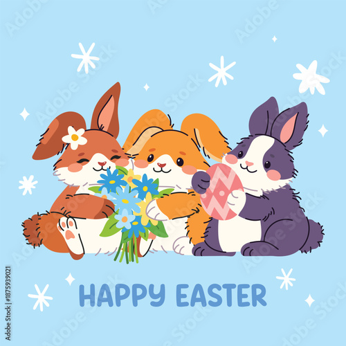 Cute greeting card with Easter rabbits. Happy and funny bunnies with Easter egg, carrot, flowers.  Spring collection of animals and decorations. For poster, card, scrapbooking , stickers