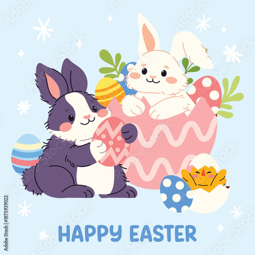 Cute greeting card with Easter rabbits. Happy and funny bunnies with Easter egg, carrot, flowers.  Spring collection of animals and decorations. For poster, card, scrapbooking , stickers