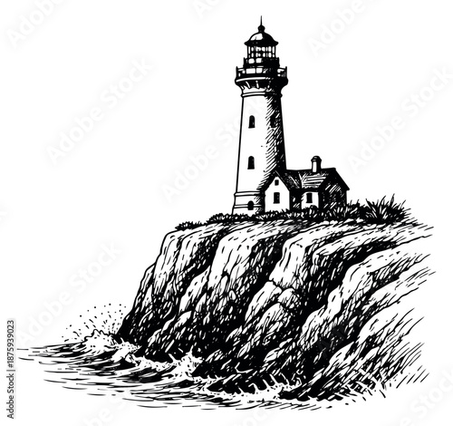 Hand drawn line art illustration of a lighthouse depicting a coastal scene with crashing waves for maritime guidance