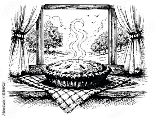 Hand drawn line art illustration of a hot pie depicting steam rising on a windowsill for a cozy country setting