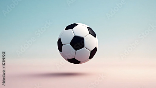 A classic soccer ball floats midair, centered in a pink-blue gradient sky. The scene feels weightless and serene—an elegant pause between motion and stillness, geometry and atmosphere, sport and dream