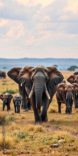 African elephant family walks across savanna plains,  africa,  migration
