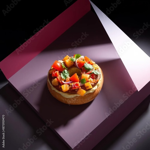 Abstract geometry frames a savory bagel topped with vibrant toppings, artfully arranged ,  baked,  pattern