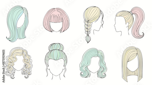 Collection of diverse hairstyles illustrated with pastel colors and clean lines