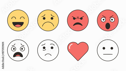 Collection of diverse emoji faces and a heart symbol representing emotions and feelings