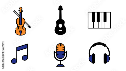 Collection of musical instrument and audio icons on a white background
