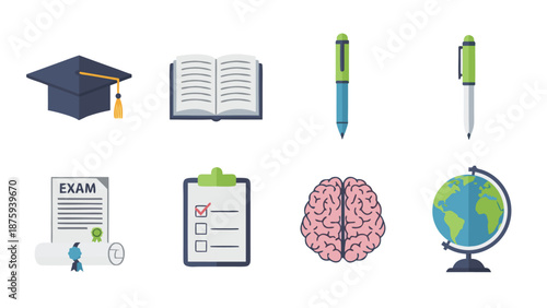 Education and learning icons: graduation cap, book, pens, exam, brain, and globe