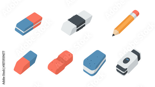 Collection of diverse erasers and a pencil in isometric view on white background