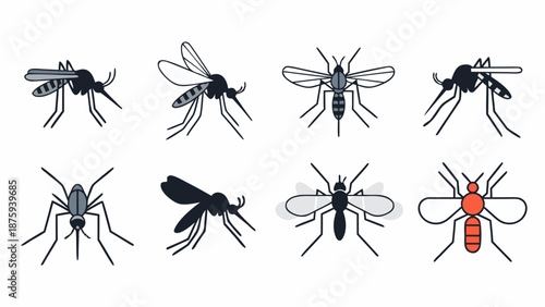 Collection of stylized mosquito illustrations in various poses and colors