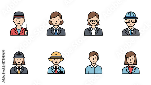 Diverse professional avatars in a flat icon style, representing various careers and roles