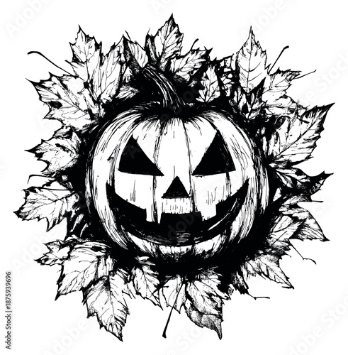 Hand drawn line art illustration of a halloween pumpkin depicting a carved spooky face and autumn leaves for halloween celebrations